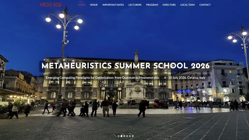 MESS 2026 homepage with the summer school title and a view of Catania