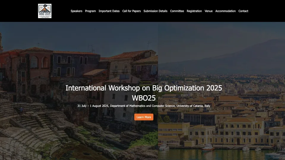 WBO 2025 homepage with the workshop title and views of Catania